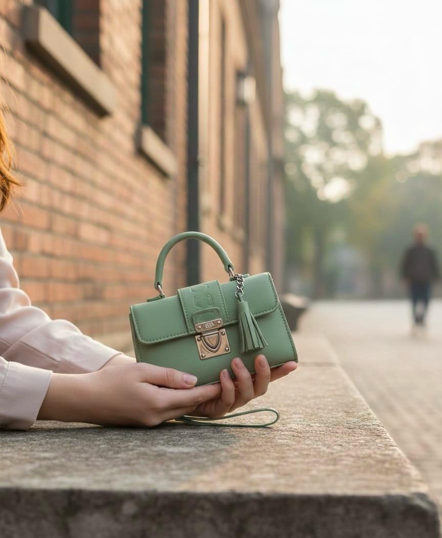 Tan Top-Handle Satchel Bag - Sage Green