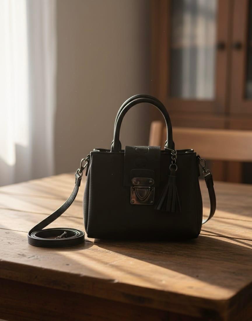 Tan Top-Handle Satchel Bag - Black