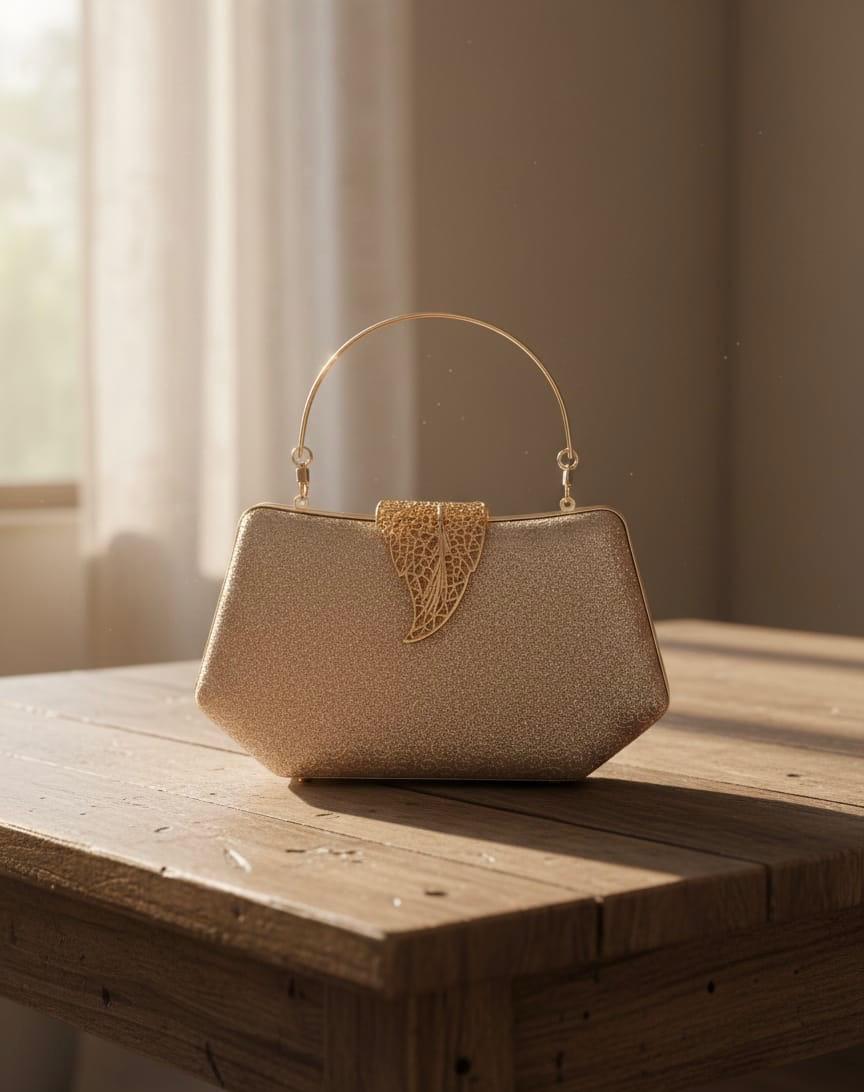 Gold Leaf Lock Evening Chain Crossbody Bag - Gold