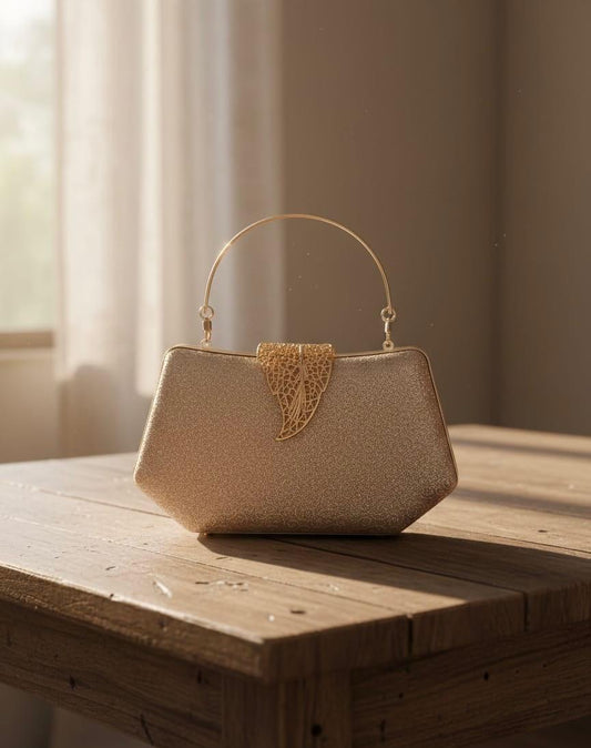 Gold Leaf Lock Evening Chain Crossbody Bag - Gold