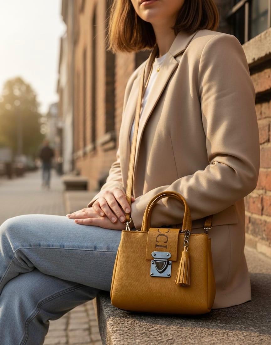 Tan Top-Handle Satchel Bag - Mustard