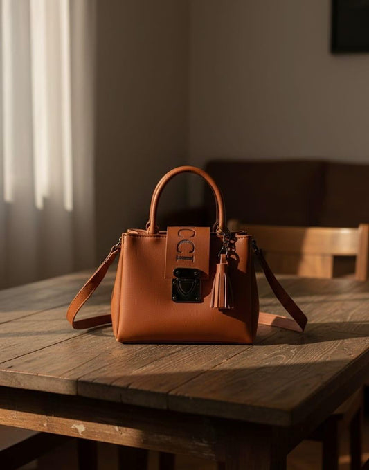 Tan Top-Handle Satchel Bag - Rust Brown