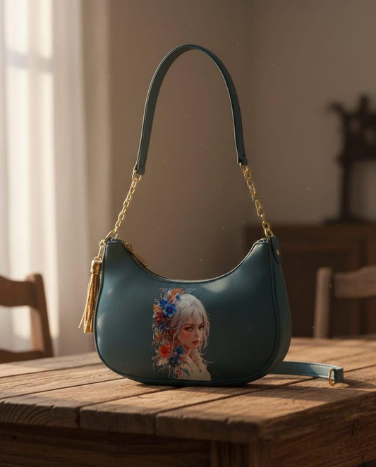 New Moon Style Printed Shoulder Bag – Aqua Green